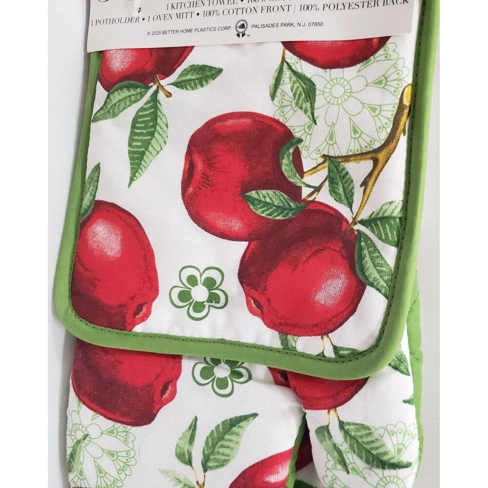 3pc Kitchen Set:1 Pot Holder, 1 Towel, & 1 Oven Mitt, RED APPLES ,green back, BH